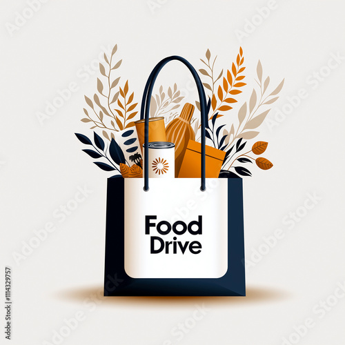 stylish bag filled with food items and plants, promoting food drive. design features warm colors and modern aesthetic, perfect for community events
