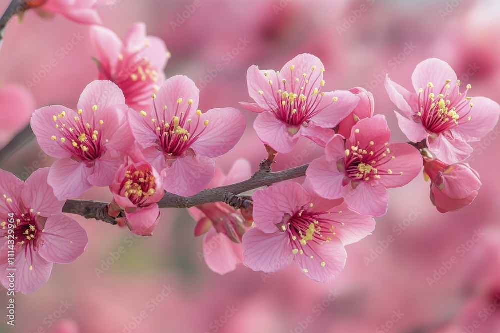 Obraz premium Cherry blossom branches bloom in vibrant pink during springtime in a serene garden
