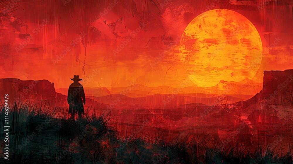Fototapeta premium A stark and minimalist acrylic painting of a cactus in the vast desert, the sky a gradient of vibrant reds and oranges, with the cactus standing tall against the sinking sun