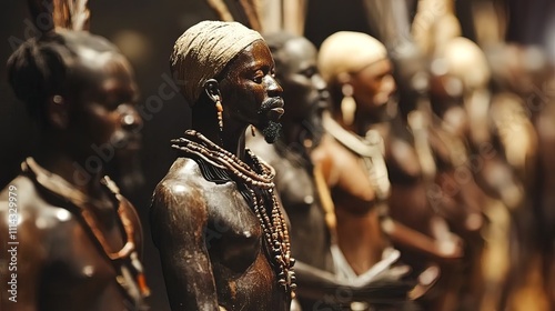 Close-up of dark wooden sculptures depicting African tribal figures adorned with traditional jewelry and headdresses. photo