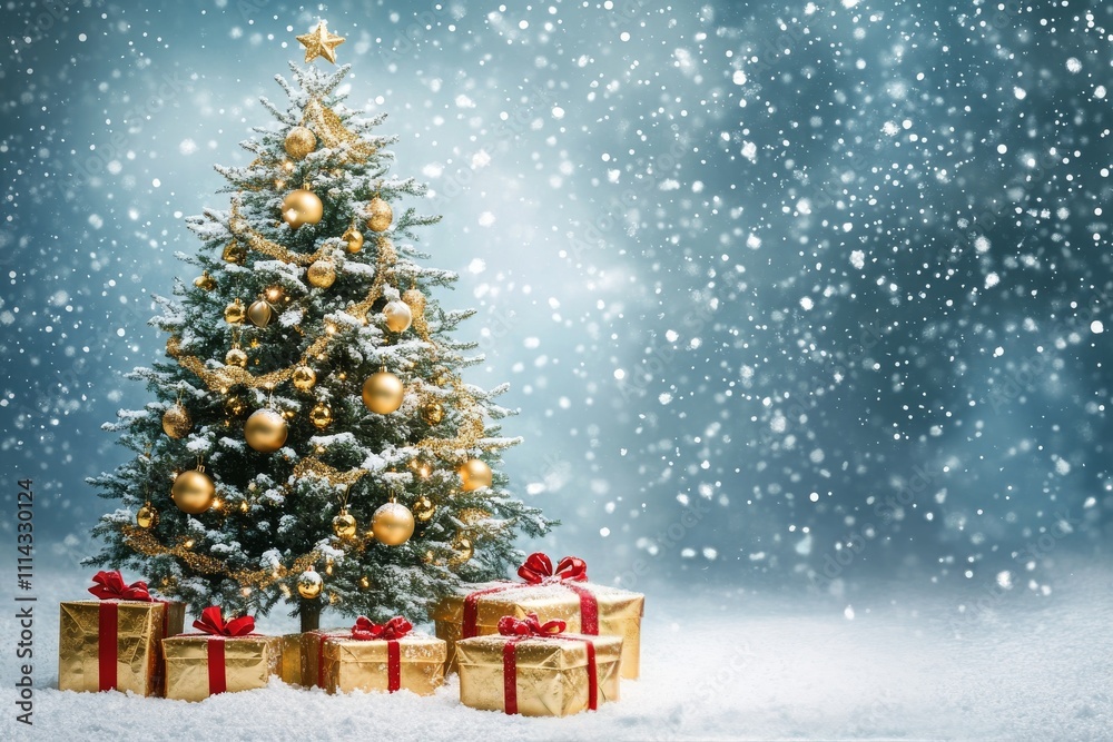Obraz premium Festive Christmas tree adorned with ornaments and surrounded by beautifully wrapped gifts