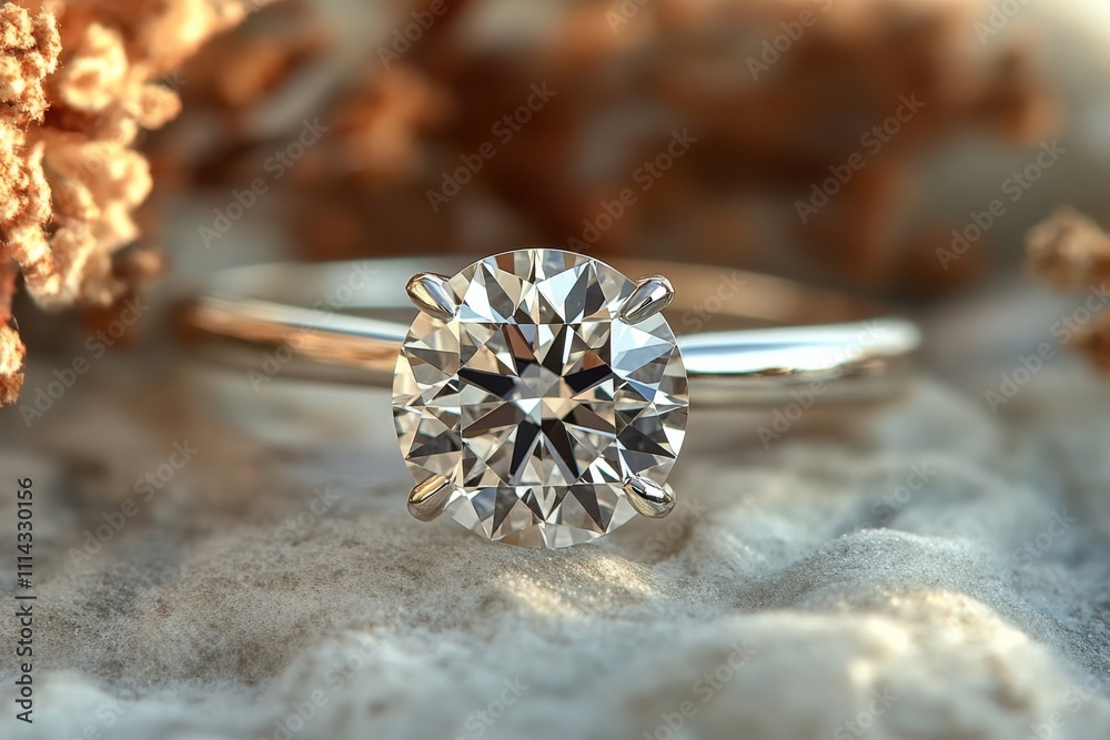 Elegant diamond engagement ring on soft fabric with warm lighting in a cozy setting Elegant diamond engagement ring on soft fabric with warm lighting in a cozy setting