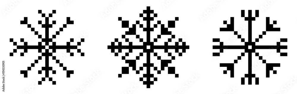 Pixel snowflakes set. A set of pixel vector snowflakes. Christmas New Year 8-bit style illustration. Pixel snowflakes set. A set of pixel vector snowflakes. Christmas New Year 8-bit style illustration.