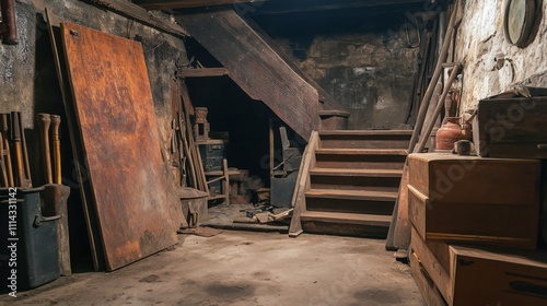 a mysterious basement with a hidden trapdoor partially open, revealing stairs leading to a secret room, surrounded by old tools and boxes 