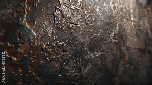 High-resolution close-up of rough metal texture, capturing wear, scratches, and patina