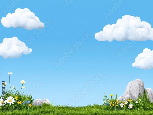 A peaceful coastal view with bright flowers and a clear blue sky.