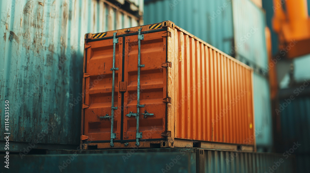 Fototapeta premium Stacked shipping containers in an industrial port, showcasing vibrant colors and rugged textures under sunlight.