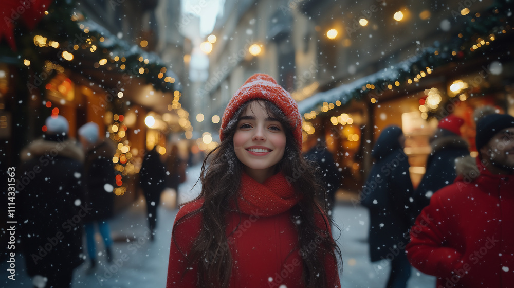 Smiling girl in warm hat and scarf, snow falling in holiday market Smiling girl in warm hat and scarf, snow falling in holiday market