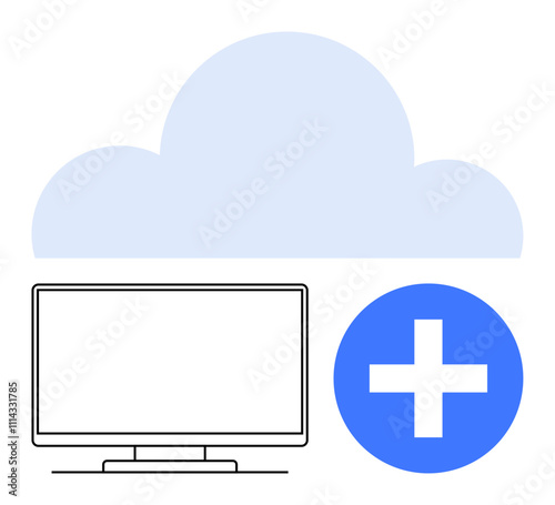 Computer monitor, blue plus sign, and light blue cloud. Ideal for digital storage, data expansion, cloud services, technology solutions, online collaboration IT infrastructure and innovation. Line