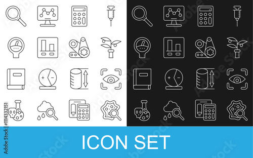 Set line Microorganisms under magnifier, Eye scan, Plant breeding, Calculator, Graph chart infographic, Gauge scale, Magnifying glass and Timing belt kit icon. Vector