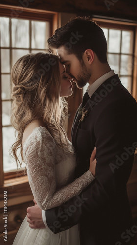 Tender Wedding Moment in Rustic Sunlit Room – Bride and Groom Sharing an Intimate Embrace