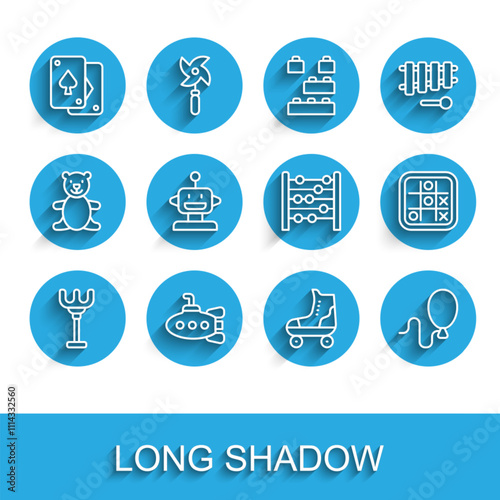 Set line Rake toy, Submarine, Playing cards, Roller skate, Balloons, Robot, Tic tac toe game and Abacus icon. Vector