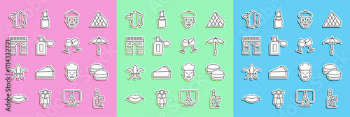 Set line Wine bottle with glass, Macaron cookie, Umbrella for beach, French mime, Perfume, Triumphal Arch, Map of France and icon. Vector