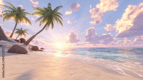 A serene beach scene at sunset, featuring palm trees and gentle waves, creating a tranquil atmosphere.