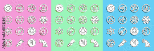 Set line Aquarius zodiac, Eclipse of the sun, Sun, Great Bear constellation, Sagittarius, Air element, Water drop and icon. Vector