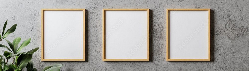 Fototapeta premium Three wooden picture frames displayed on a gray wall with a green plant, perfect for minimalist interior decor inspiration.