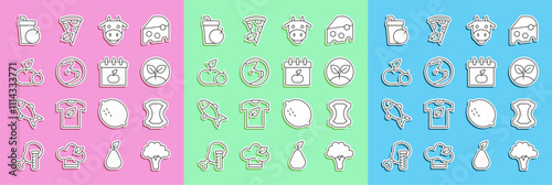 Set line Broccoli, Leather, Sprout, Cow head, Pig, Apple, Fresh smoothie and World Vegetarian day icon. Vector