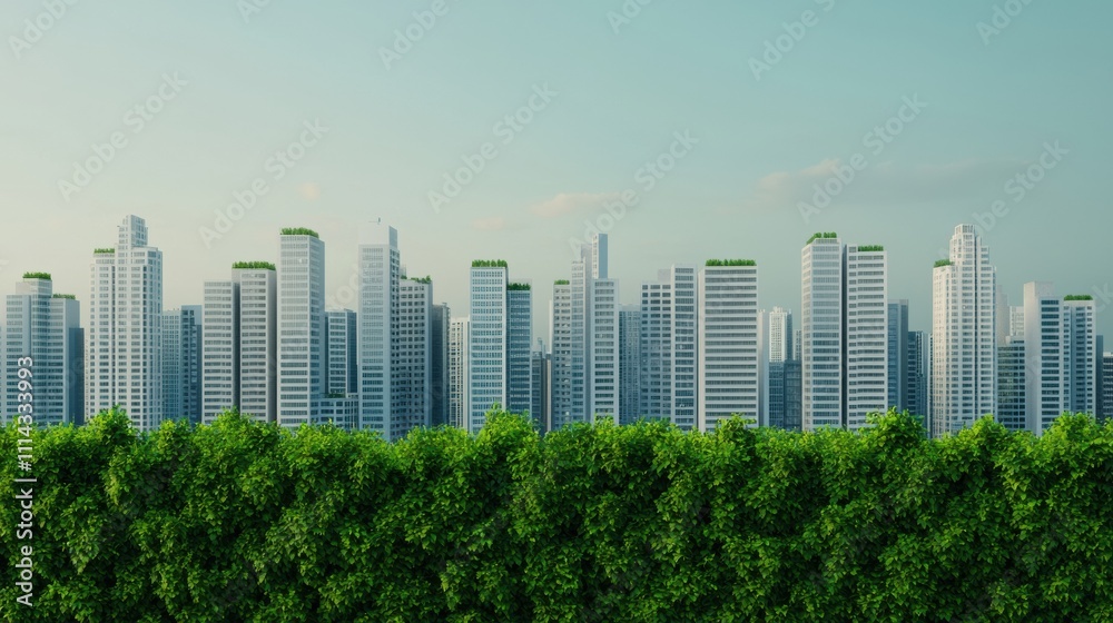 Fototapeta premium Futuristic eco-friendly city integrating greenery into buildings for urban sustainability