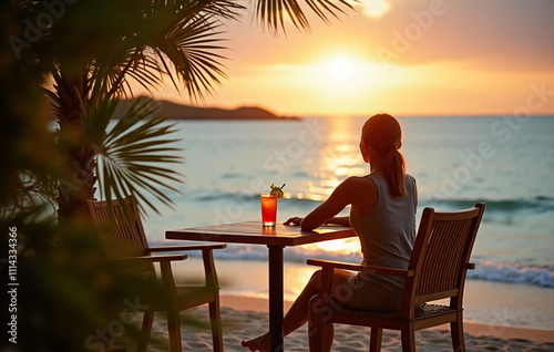 Wallpaper Mural Woman sitting facing the ocean at sunset Torontodigital.ca