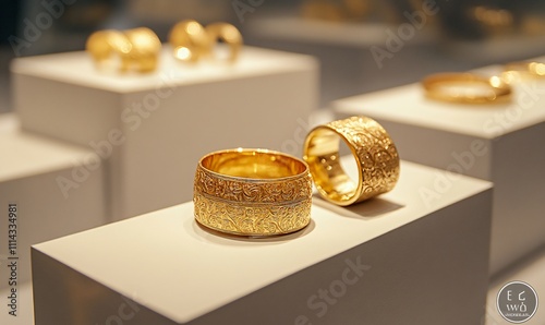 Golden bangles showcased in a jewelry store, reflecting gold prices, luxury investment, and economic value. photo