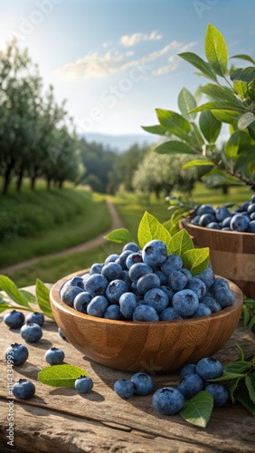 Rabbiteye Blueberries in Wooden Bowls Highlight a Sunny Orchard Landscape. Generative AI photo