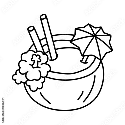 Pina colada, coconut, beach cocktail. Black and white illustration, hand drawn coloring.
