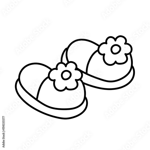 Home slippers with flowers. Black and white illustration, hand drawn coloring.