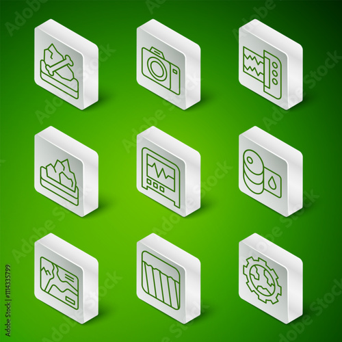 Set line Gear wheels and earth, Ground, Archeology, Seismograph, Ore mining, Photo camera, Topographic map and Barrel oil icon. Vector