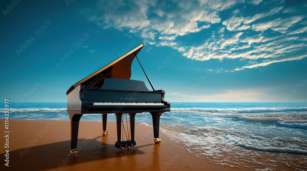 serene beach scene featuring grand piano on sand, with gentle waves lapping at shore and beautiful sky above. tranquil atmosphere invites relaxation and creativity serene beach scene featuring grand piano on sand, with gentle waves lapping at shore and beautiful sky above. tranquil atmosphere invites relaxation and creativity
