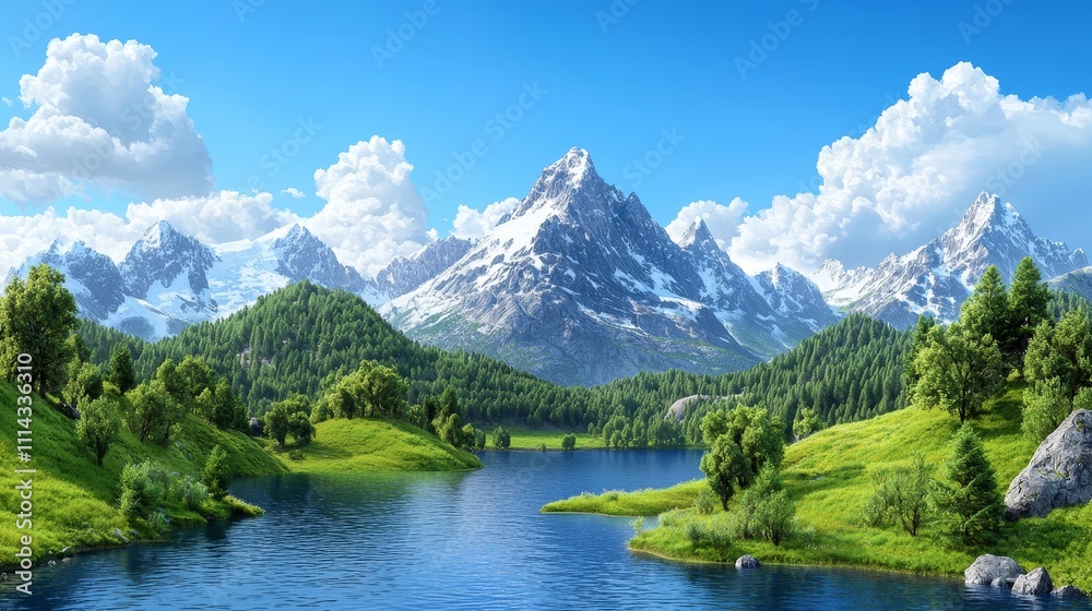 A tranquil landscape with towering mountains, a serene lake, and abundant greenery under a bright blue sky. A tranquil landscape with towering mountains, a serene lake, and abundant greenery under a bright blue sky.