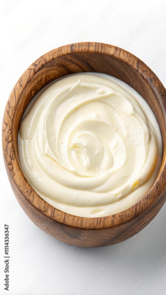 Sour Cream Served in a Rustic Wooden Bowl on a Clean White Background for Culinary Presentations. Generative AI Sour Cream Served in a Rustic Wooden Bowl on a Clean White Background for Culinary Presentations. Generative AI
