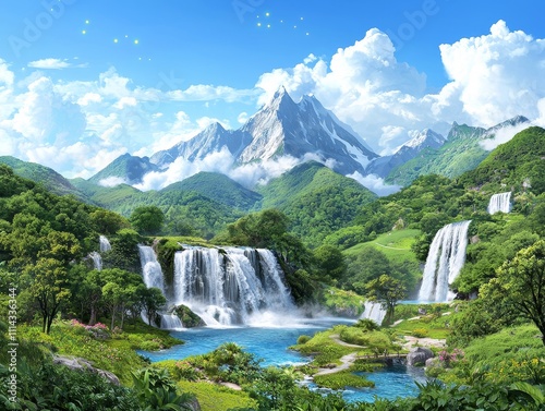A tranquil waterfall encircled by vivid blooms and shimmering lights.