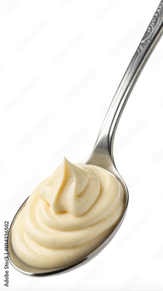 Spoonful of Mayonnaise on a Stainless Steel Spoon Isolated on White Background for Culinary Use and Presentation. Generative AI Spoonful of Mayonnaise on a Stainless Steel Spoon Isolated on White Background for Culinary Use and Presentation. Generative AI
