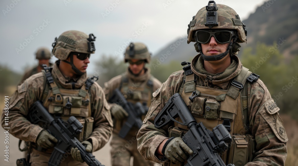 Operations Team Members Conduct Training Exercise in Rugged Terrain Under Overcast Sky. Generative AI Operations Team Members Conduct Training Exercise in Rugged Terrain Under Overcast Sky. Generative AI