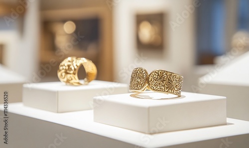 Golden bangles showcased in a jewelry store, reflecting gold prices, luxury investment, and economic value. photo