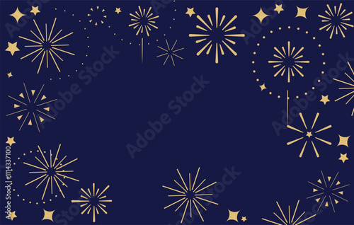 New year background with golden fireworks on the dark blue background. New Year, party, festival concept.