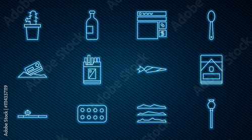 Set line Opium poppy, Cigarettes pack box, Buying drugs online, Open cigarettes, Cocaine and credit card, Cactus peyote pot, Marijuana joint and Alcohol drink bottle icon. Vector