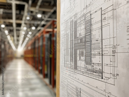 Blueprint and construction data displayed in warehouse setting