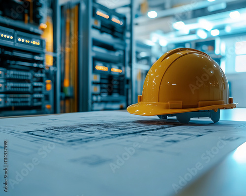 construction helmet rests on blueprints in server room, showcasing planning