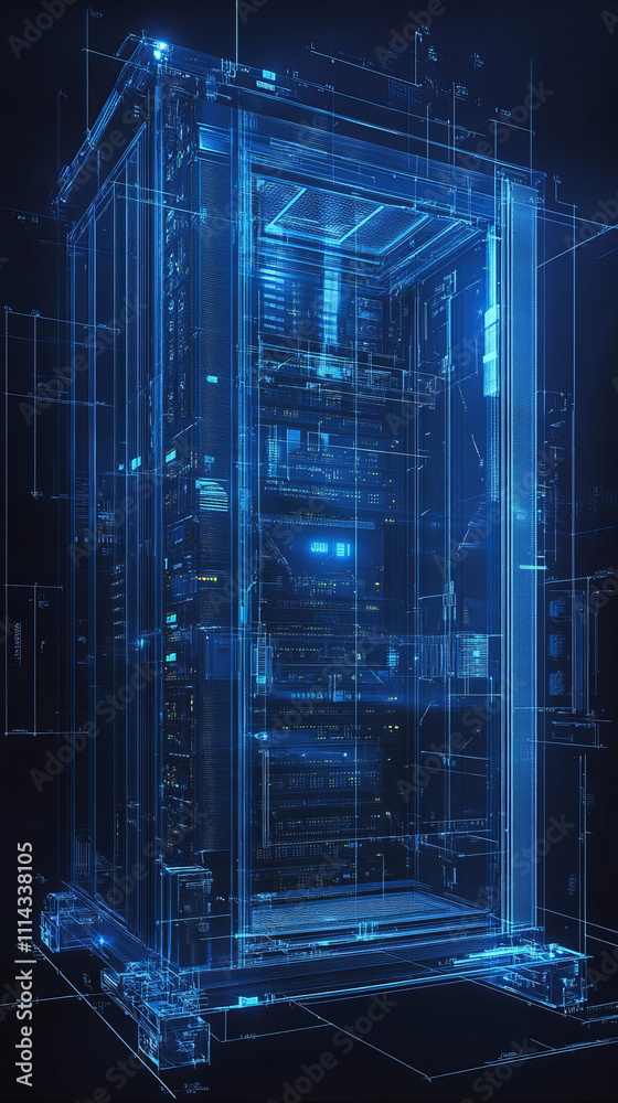 Digital blueprint of server room showcasing advanced technology and security features Digital blueprint of server room showcasing advanced technology and security features