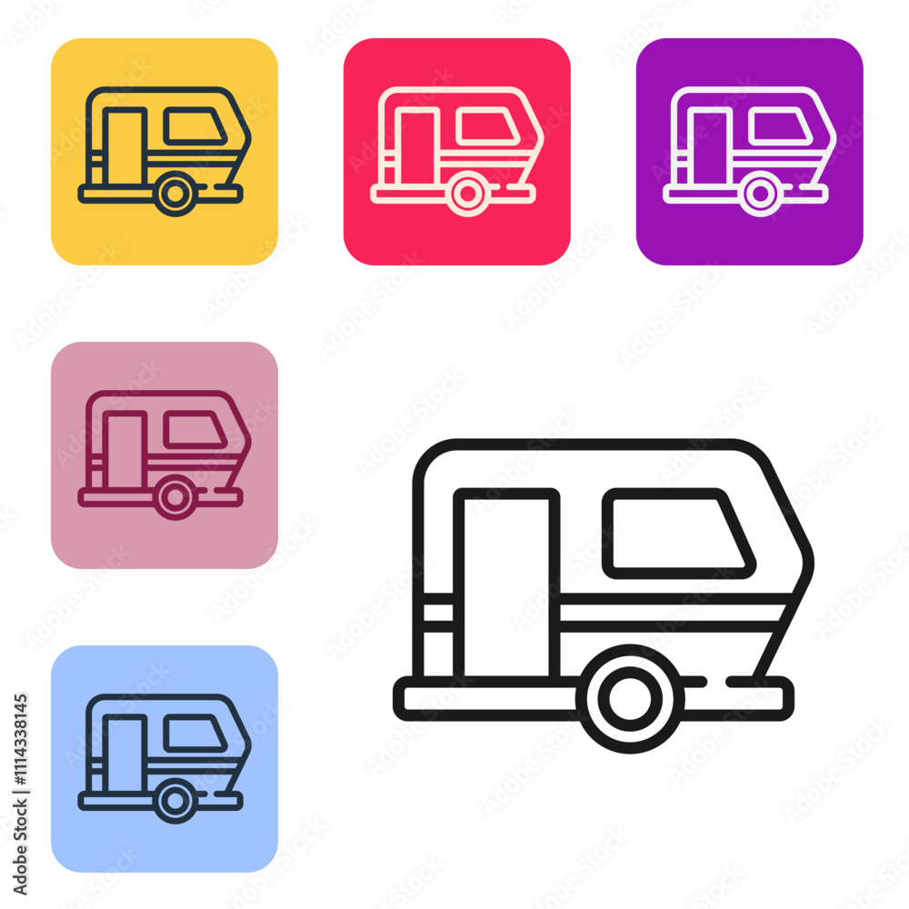 Black line Rv Camping trailer icon isolated on white background. Travel mobile home, caravan, home camper for travel. Set icons in color square buttons. Vector Black line Rv Camping trailer icon isolated on white background. Travel mobile home, caravan, home camper for travel. Set icons in color square buttons. Vector