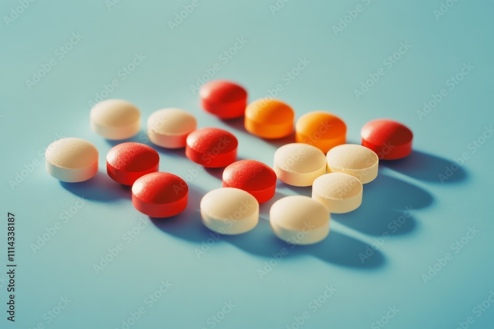 Assorted capsules and tablets arranged on a reflective surface with soft lighting effects Assorted capsules and tablets arranged on a reflective surface with soft lighting effects