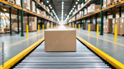 A single cardboard box on a conveyor belt in a large warehouse, symbolizing logistics and supply chain operations. photo
