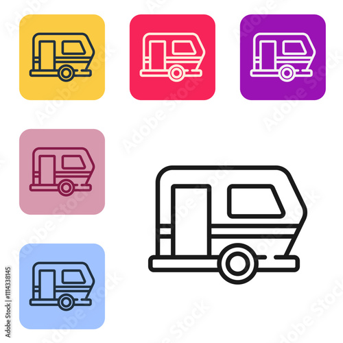 Black line Rv Camping trailer icon isolated on white background. Travel mobile home, caravan, home camper for travel. Set icons in color square buttons. Vector