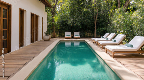 Wallpaper Mural A serene backyard pool surrounded by lush greenery and modern wooden decking, perfect for relaxation and tranquility. Torontodigital.ca