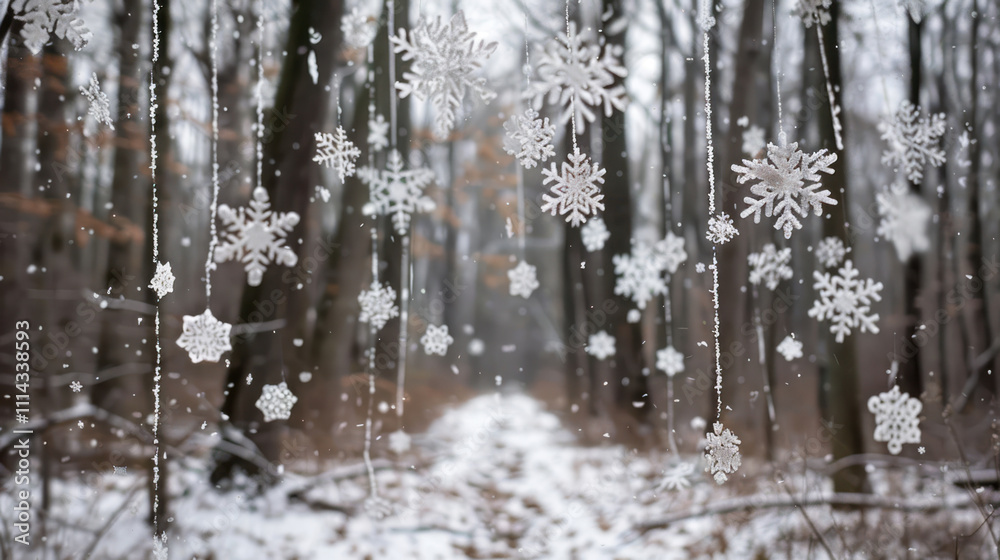 Fototapeta premium Light snow with unique snowflake shapes, softly blanketing a peaceful forest