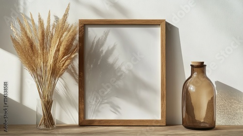 Wooden Frame Mockup with Pampas Grass and Glass Bottle