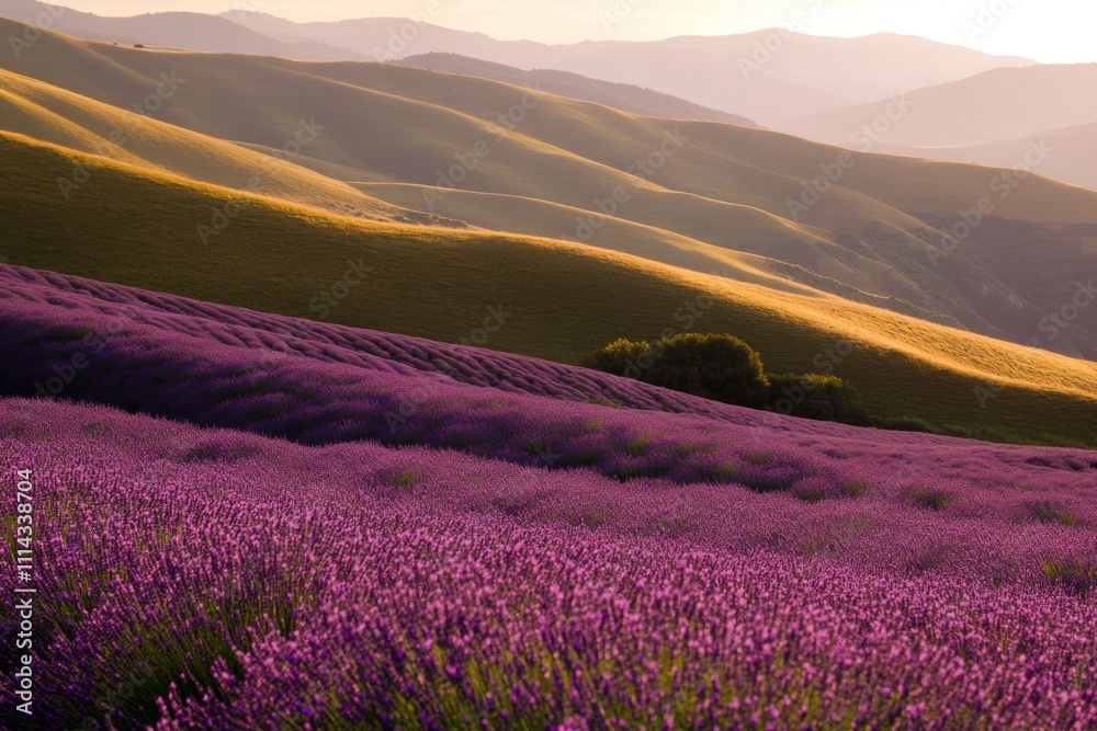 Naklejka premium Lavender Fields Rolling Hills Sunset Landscape