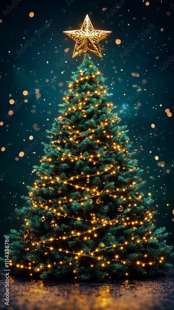 Brightly lit Christmas tree decorated with a star during winter evening festivities Brightly lit Christmas tree decorated with a star during winter evening festivities