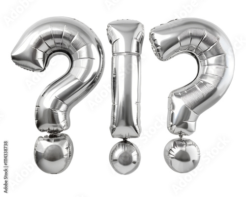 neon hollografic foil balloon in the shape of  ? and ! mark for birthday party isolated on the white background